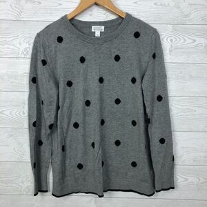 Market & Spruce Women's Large Polka Dot Long Sleeve Pullover Sweater Gray Black